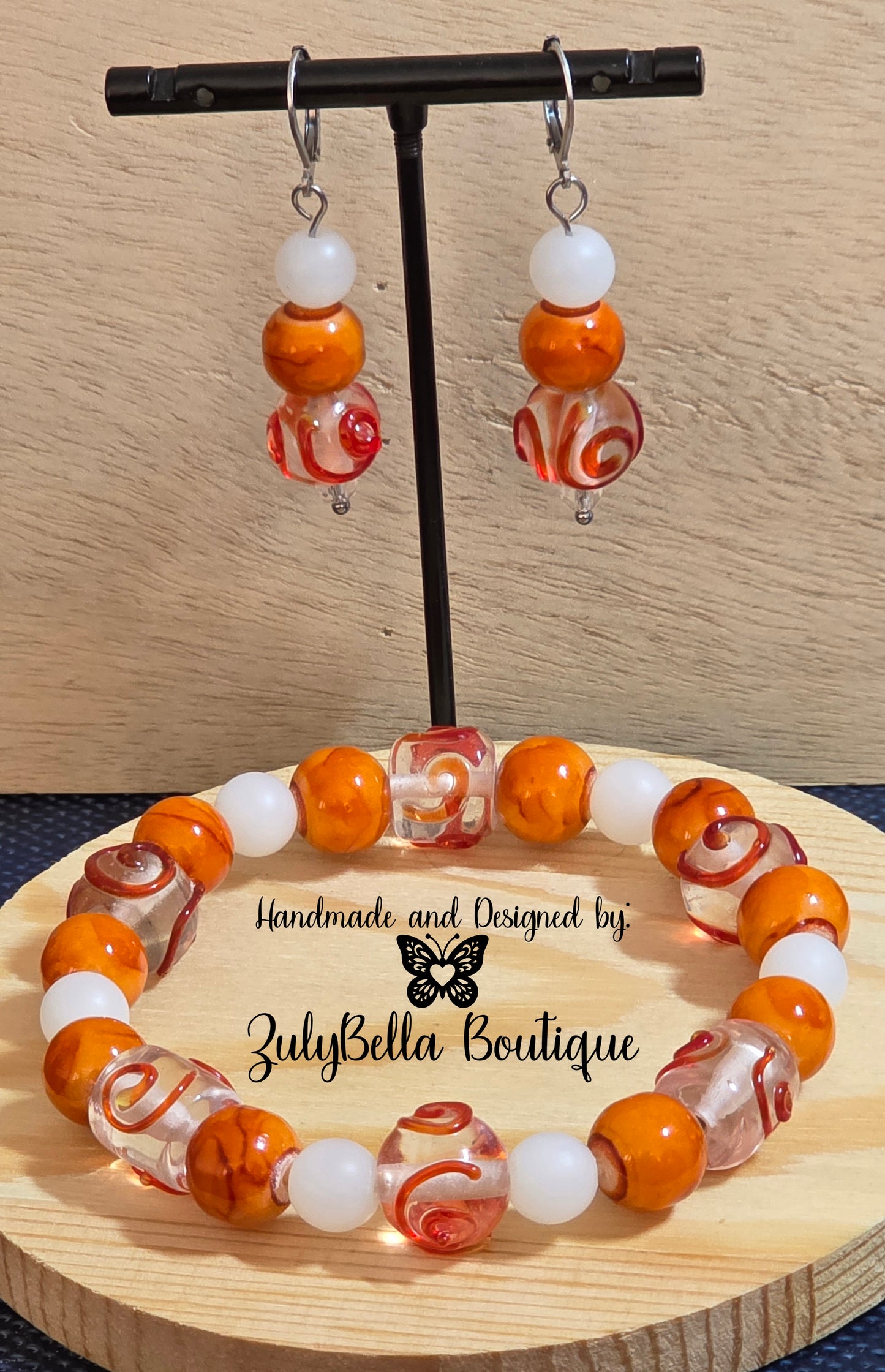 Glass Beaded Bracelet and Earrings Jewelry Set - Orange/ White