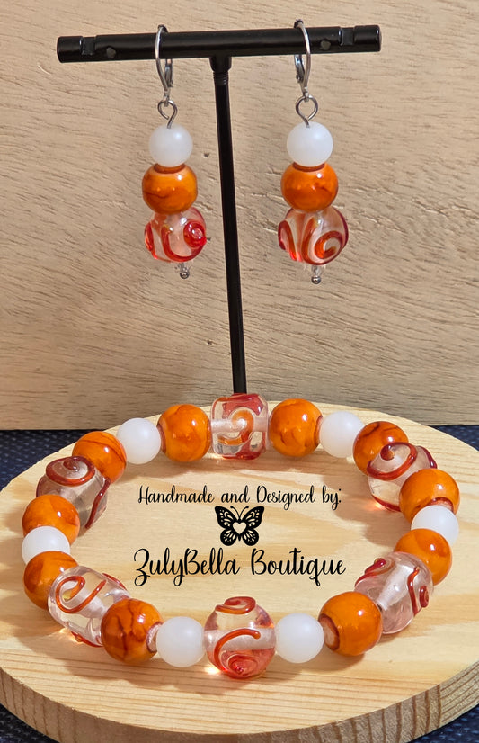 Glass Beaded Bracelet and Earrings Jewelry Set - Orange/ White
