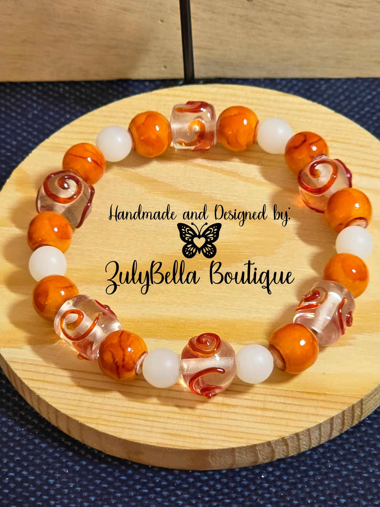 Glass Beaded Bracelet and Earrings Jewelry Set - Orange/ White