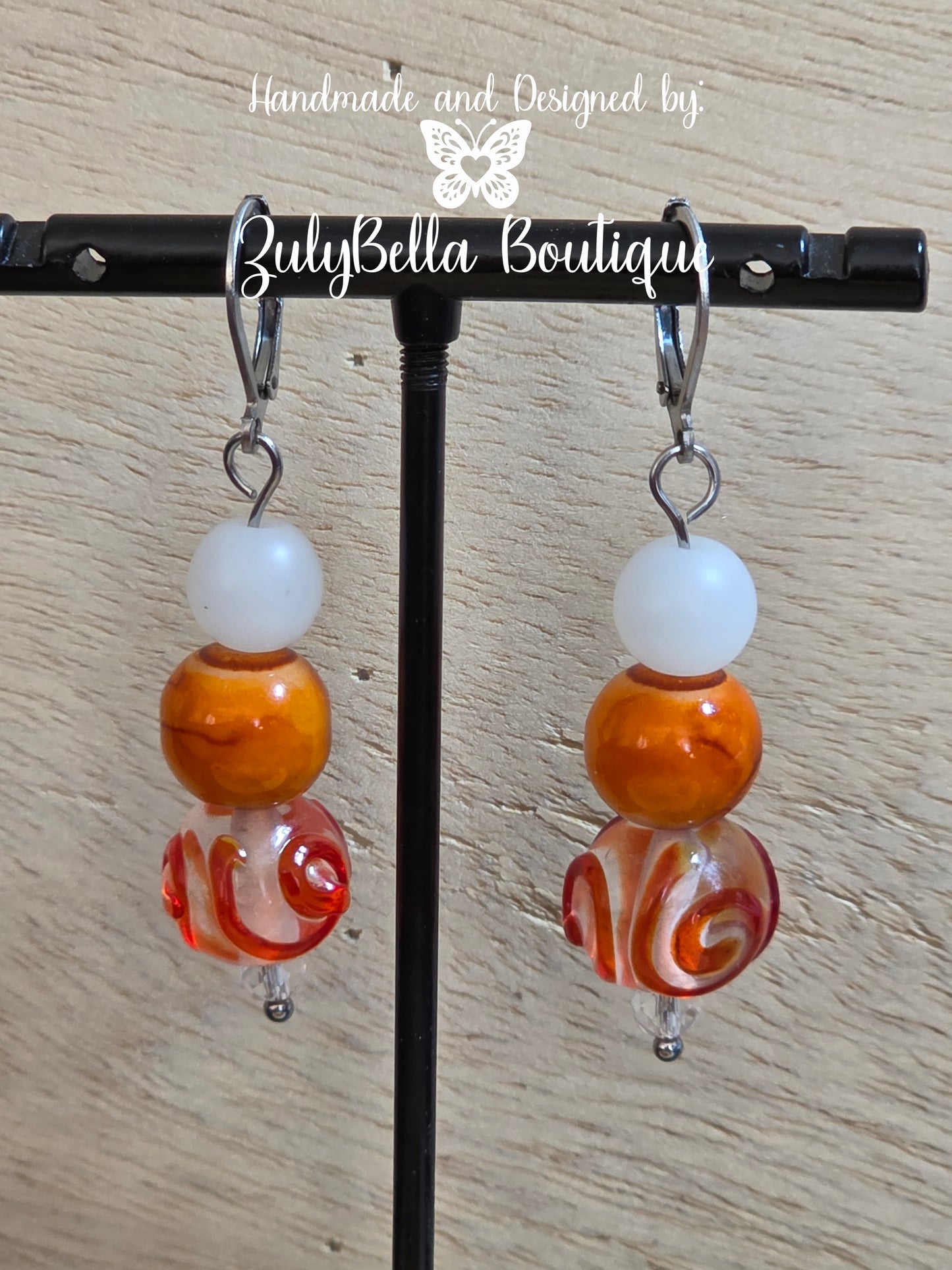 Glass Beaded Bracelet and Earrings Jewelry Set - Orange/ White