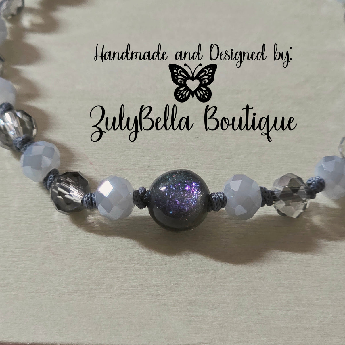 Beaded Cord Knotted Bracelet - Adjustable Slider - Grey