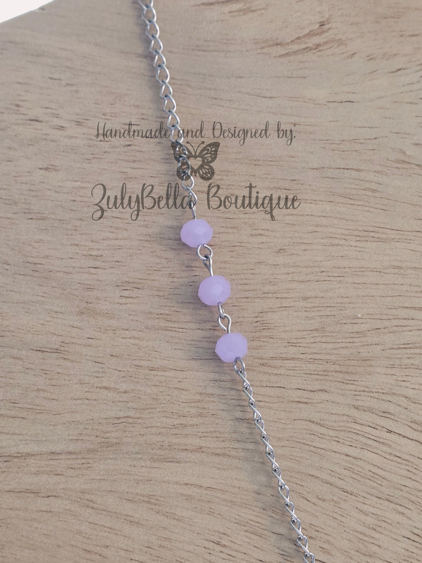 Lavender Glass Butterfly Pendant Stainless Steel Chain Necklace - 19"