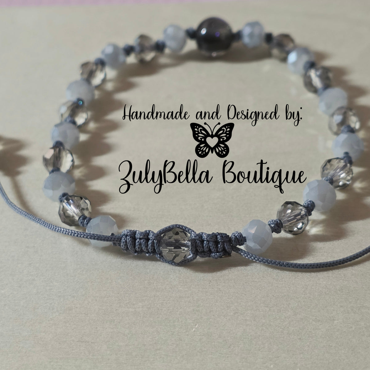 Beaded Cord Knotted Bracelet - Adjustable Slider - Grey