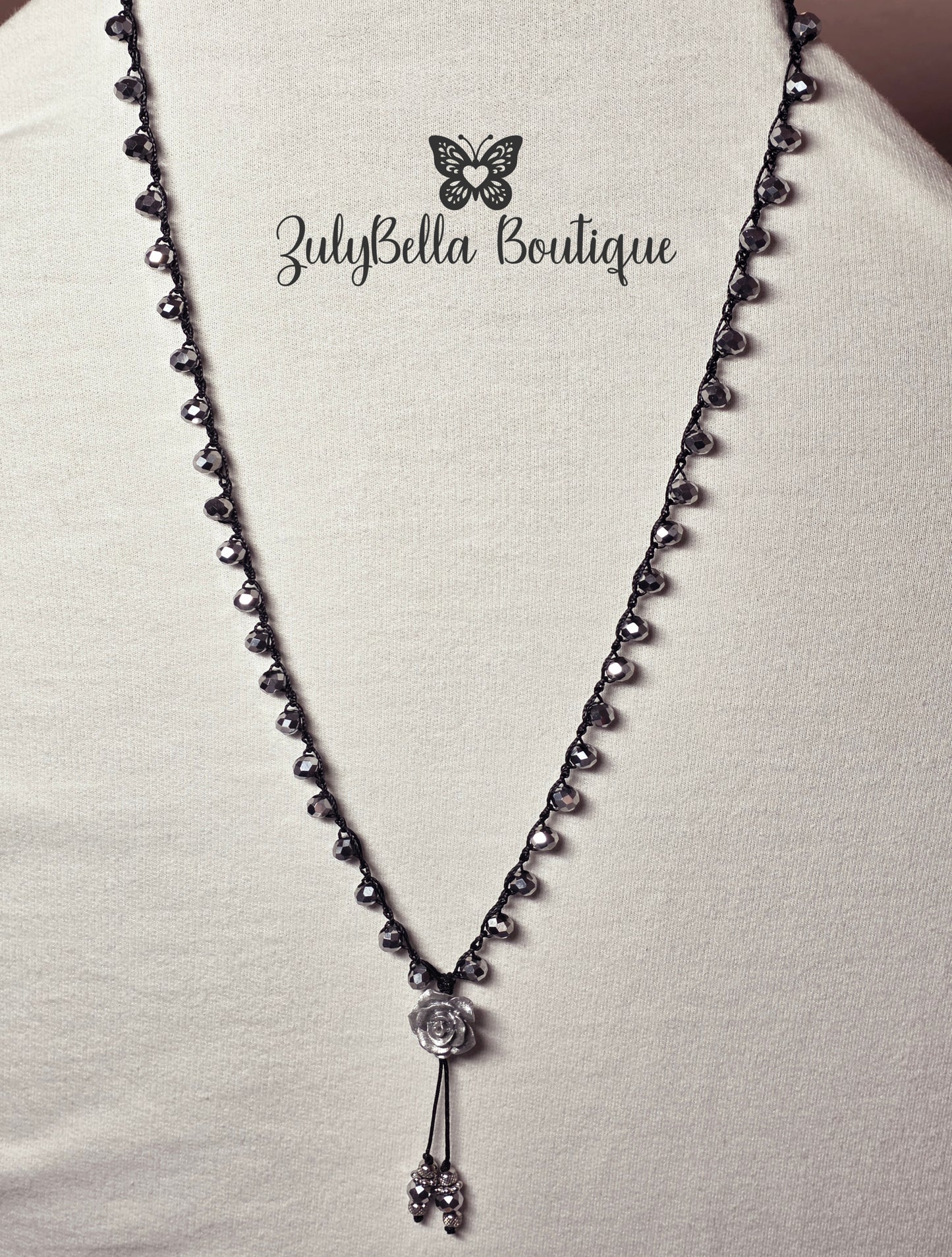 Crochet Beaded Necklace - Silver Rose