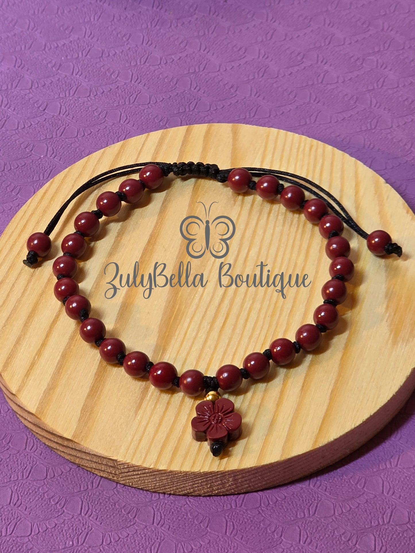 Cinnabar Knotted Cord Adjustable Bracelet with Sakura Charm