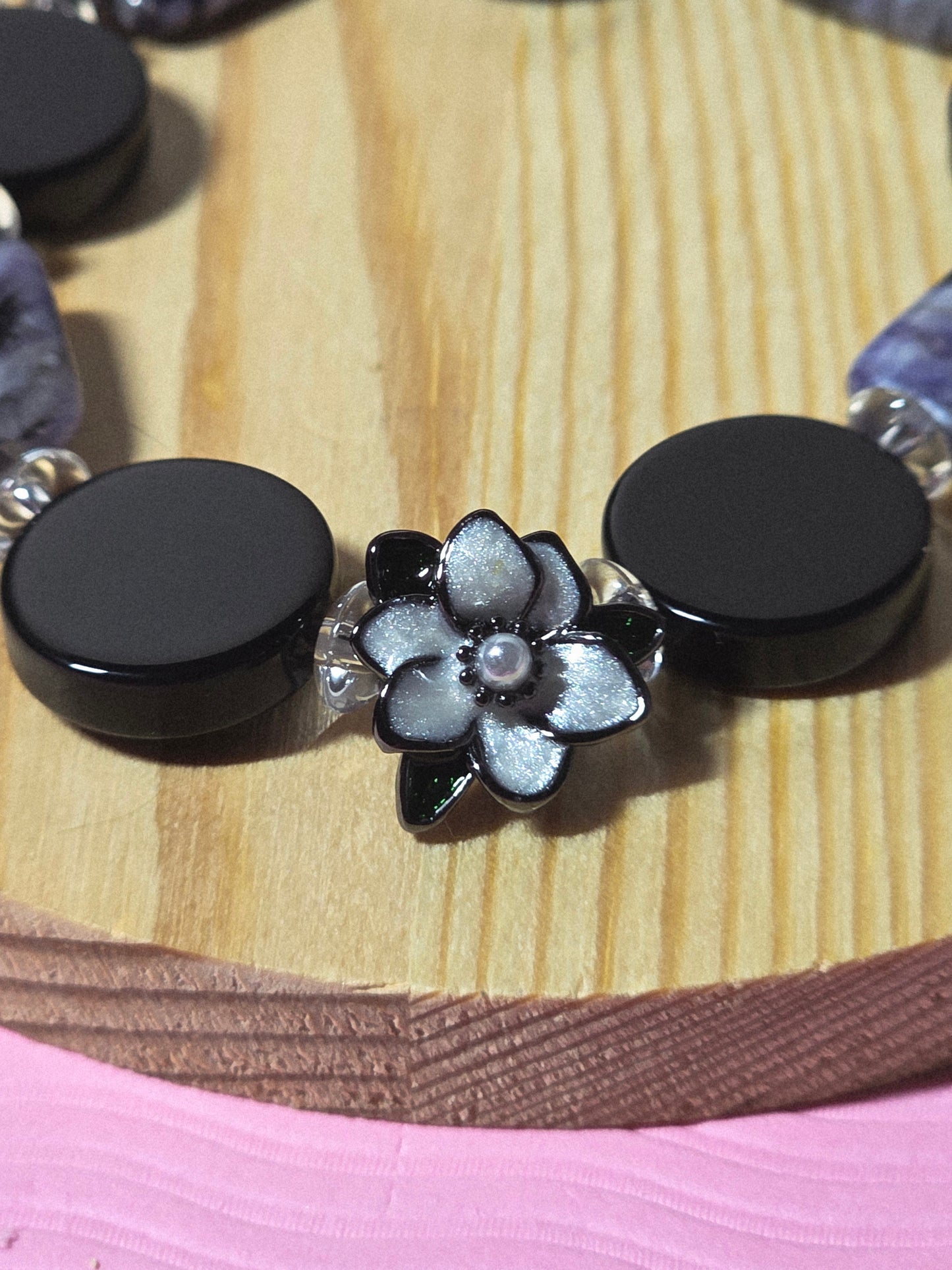 Black Obsidian and Charoite Stretchy Bracelet- Size 7.5"