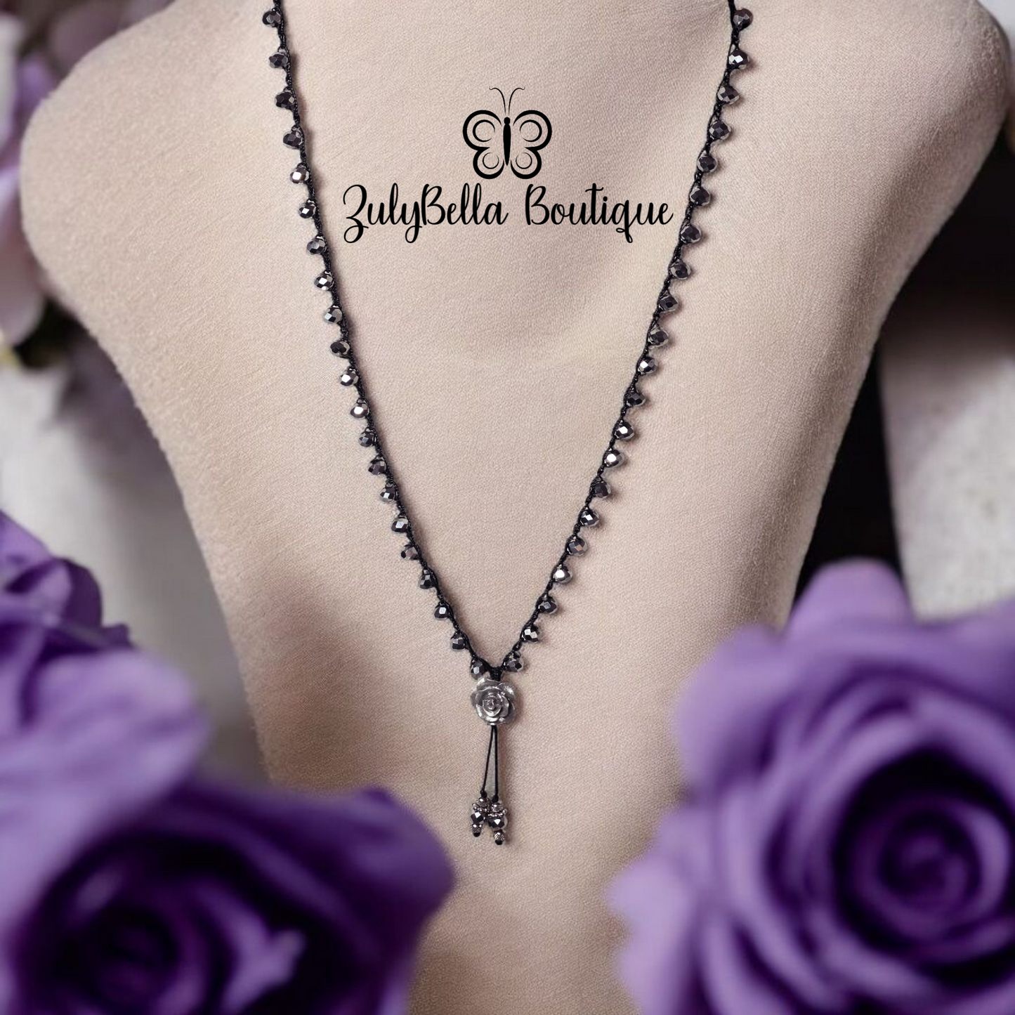 Crochet Beaded Necklace - Silver Rose