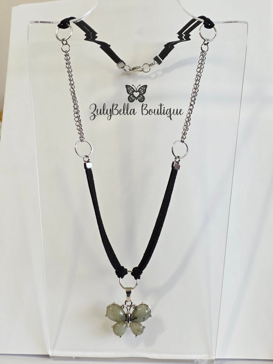 Faux Suede Cord Necklace - Labradorite Butterfly 20" - Extender Chain optional.