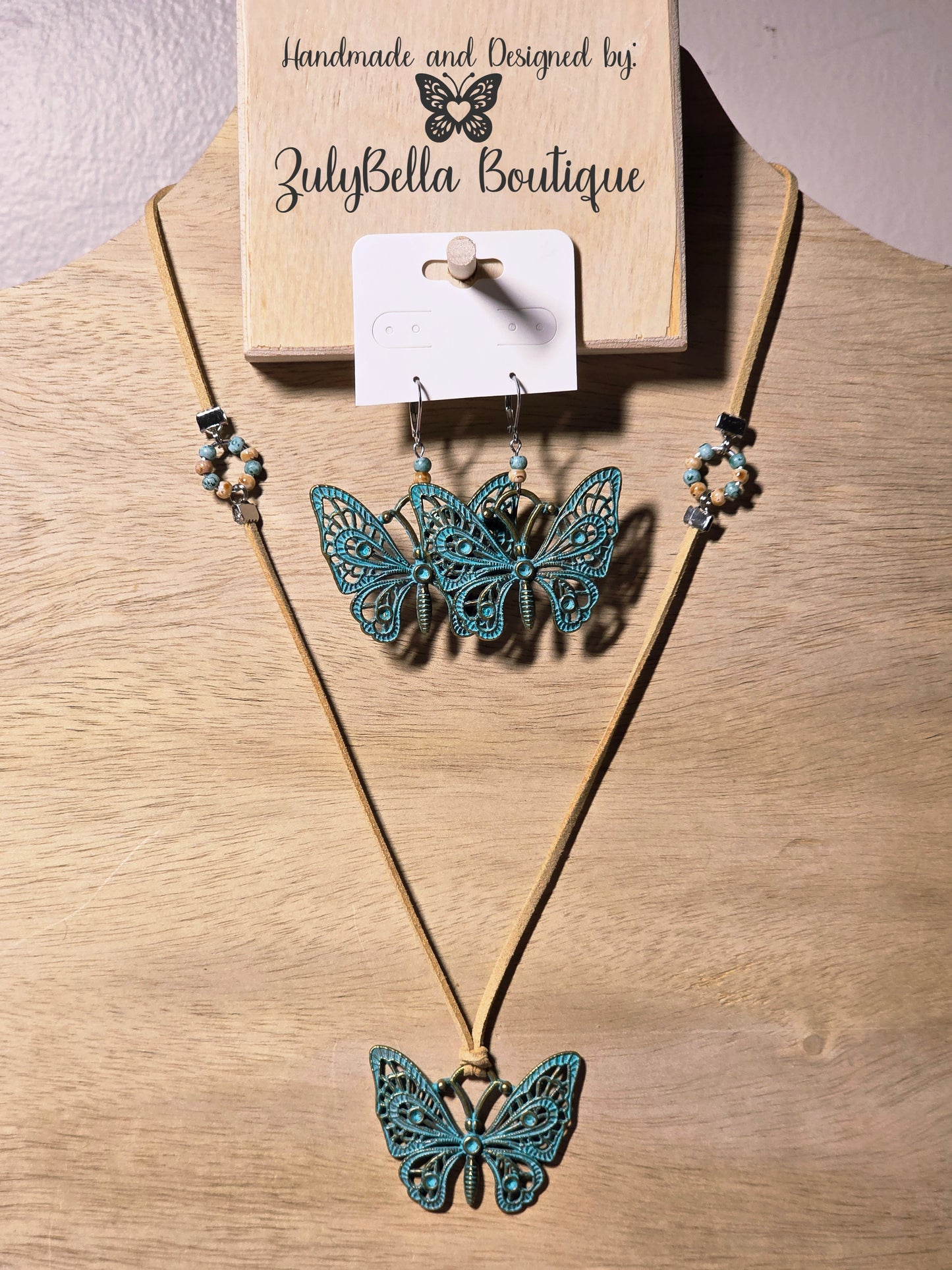 Boho Style Faux Suede Cord Necklace and Earring Jewelry Set with Butterfly.