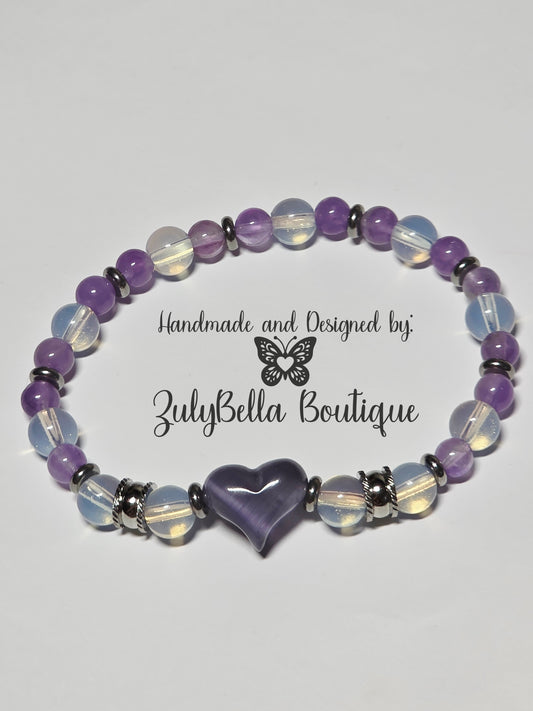 Amethyst, Opalite and Cateye Heart Stretchy Bracelet. 7.5"