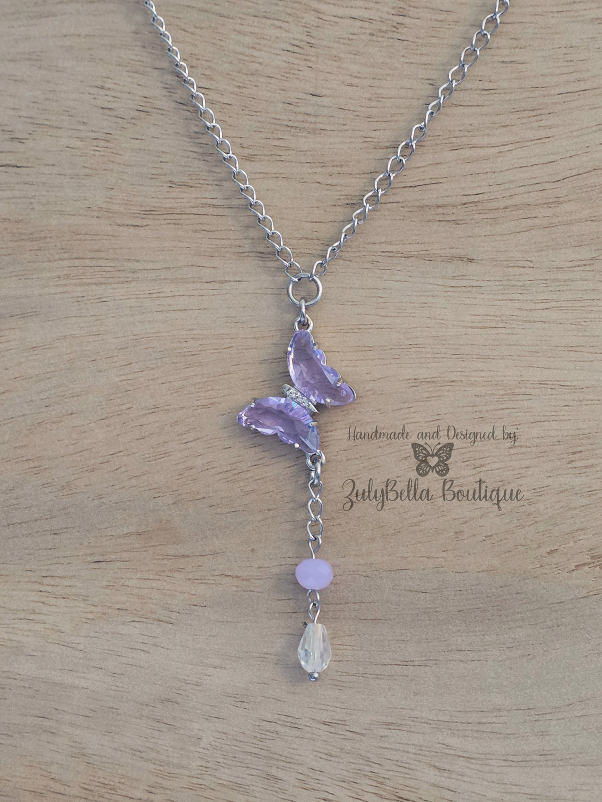 Lavender Glass Butterfly Pendant Stainless Steel Chain Necklace - 19"