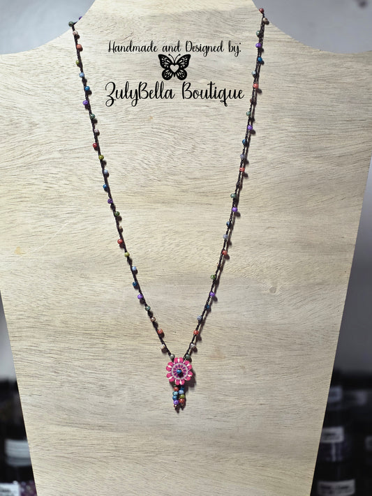 Crochet Beaded Necklace - Button Flower - 26"