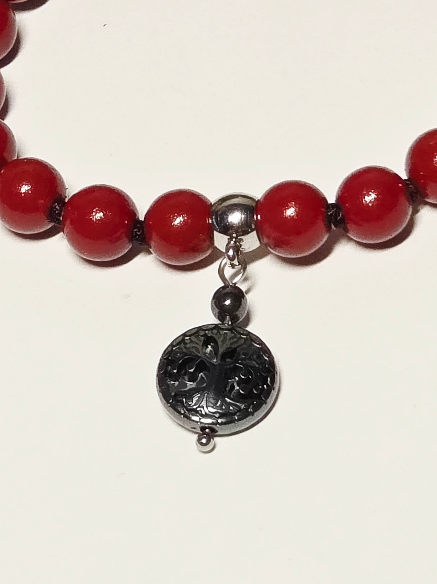 Knotted Cord Adjustable Bracelet- Cinnabar and Hematite - Tree of Life