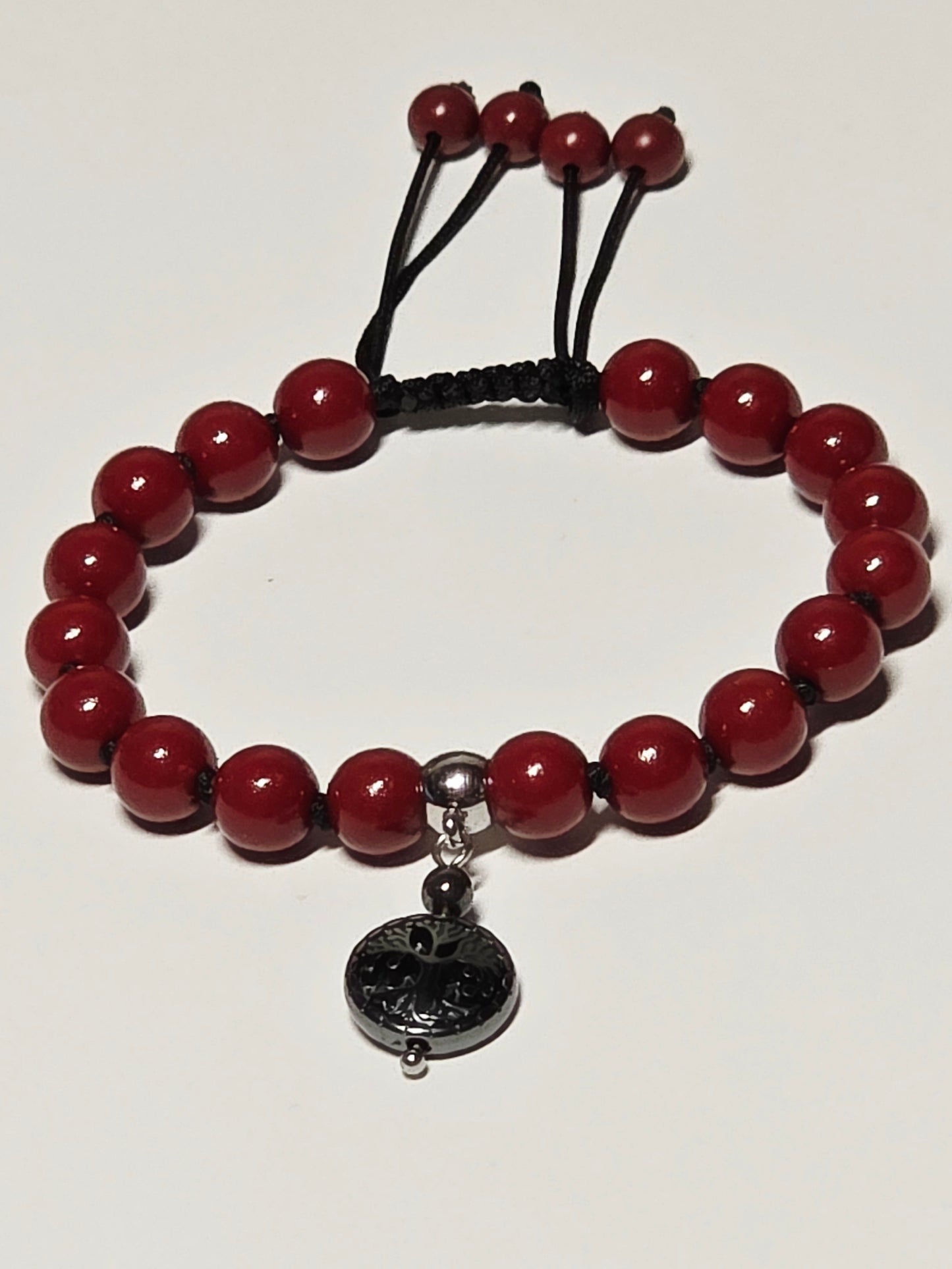 Knotted Cord Adjustable Bracelet- Cinnabar and Hematite - Tree of Life