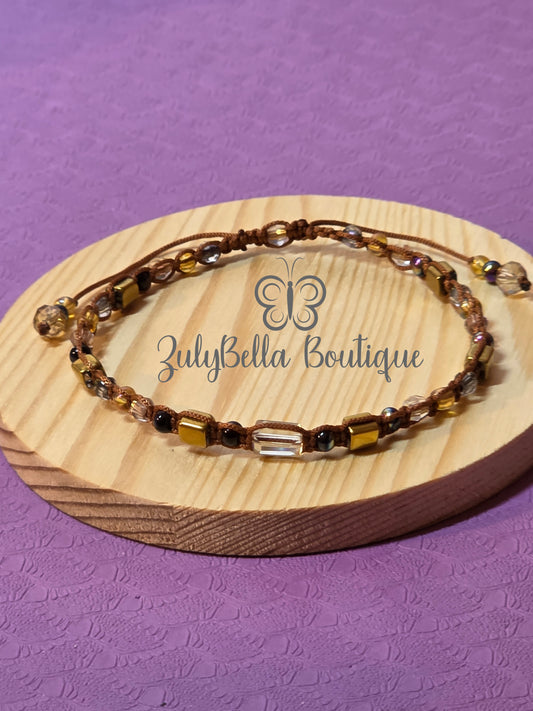 Macrame Cord Bracelet Adjustable Slider - Brown and Gold