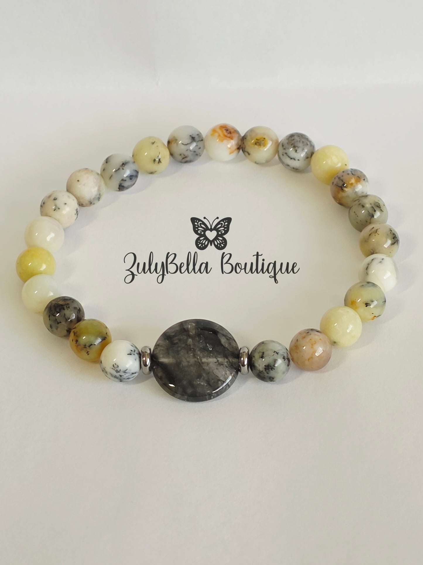 Dendritic Opal and Grey Agate Stretchy Bracelet