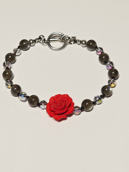 Red Rose Knotted Cord Bracelet - Resin and Glass - Toggle Closure.