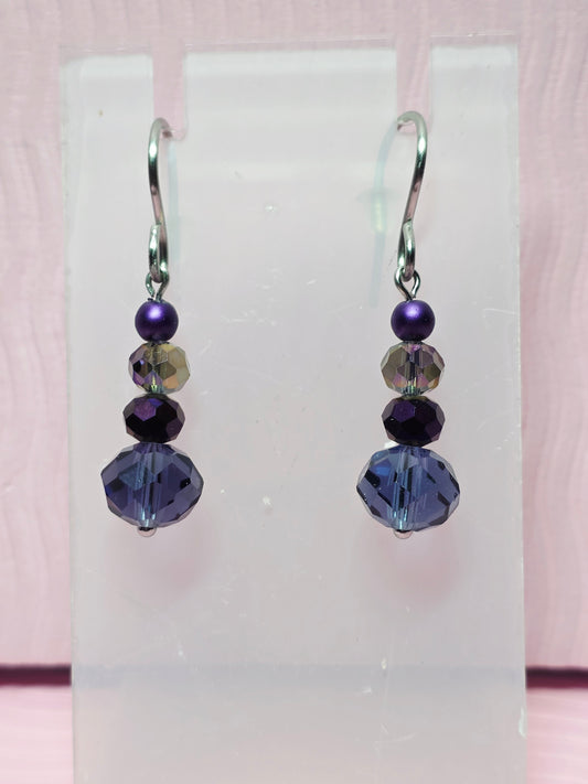 Dangle Beaded Earrings- Blue Purple - Stainless Steel