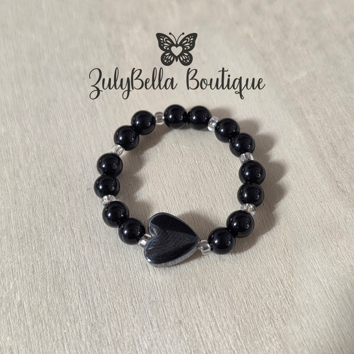 Beaded Ring with Heart Focal - Black - Size #10.5