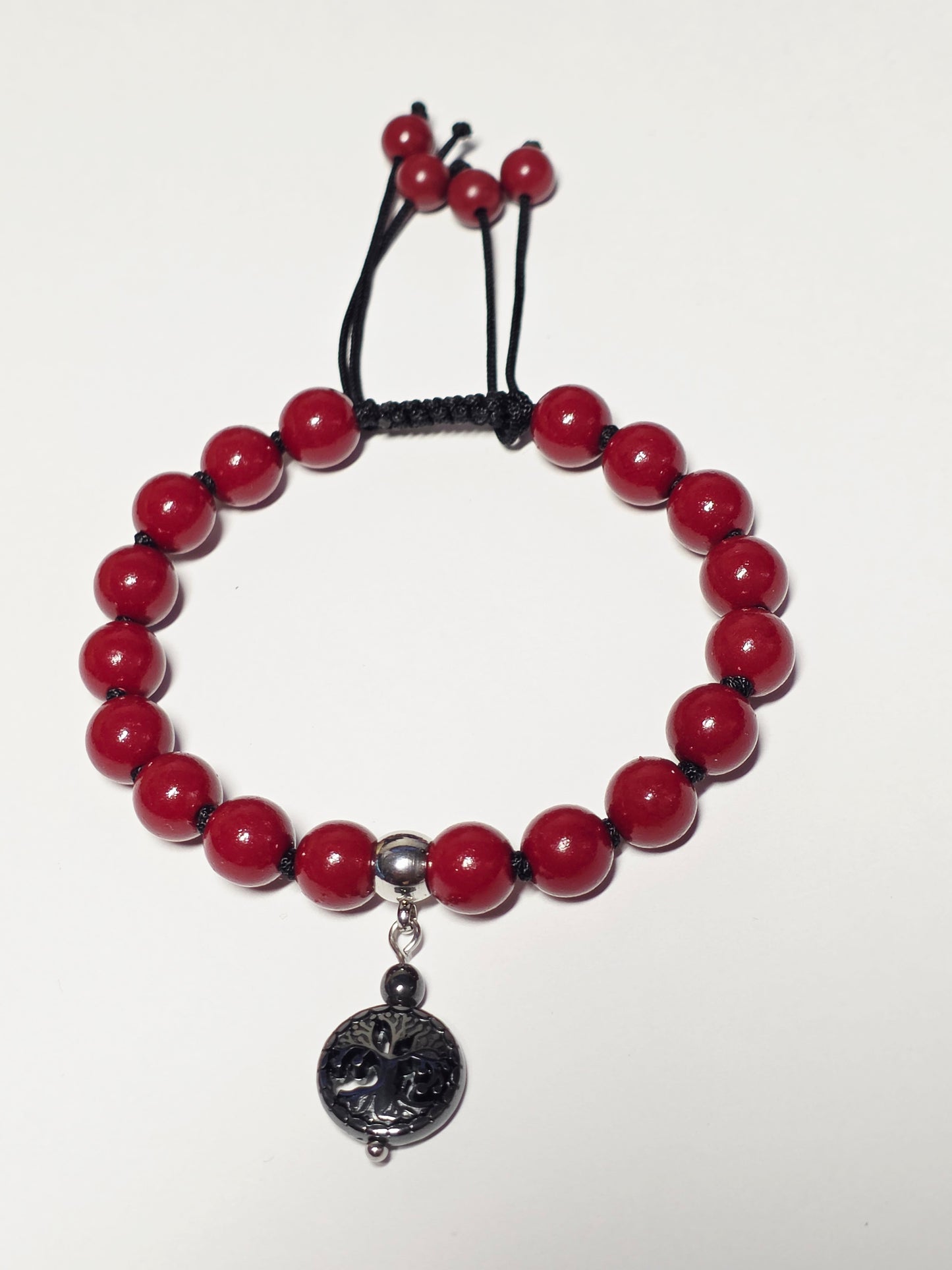 Knotted Cord Adjustable Bracelet- Cinnabar and Hematite - Tree of Life
