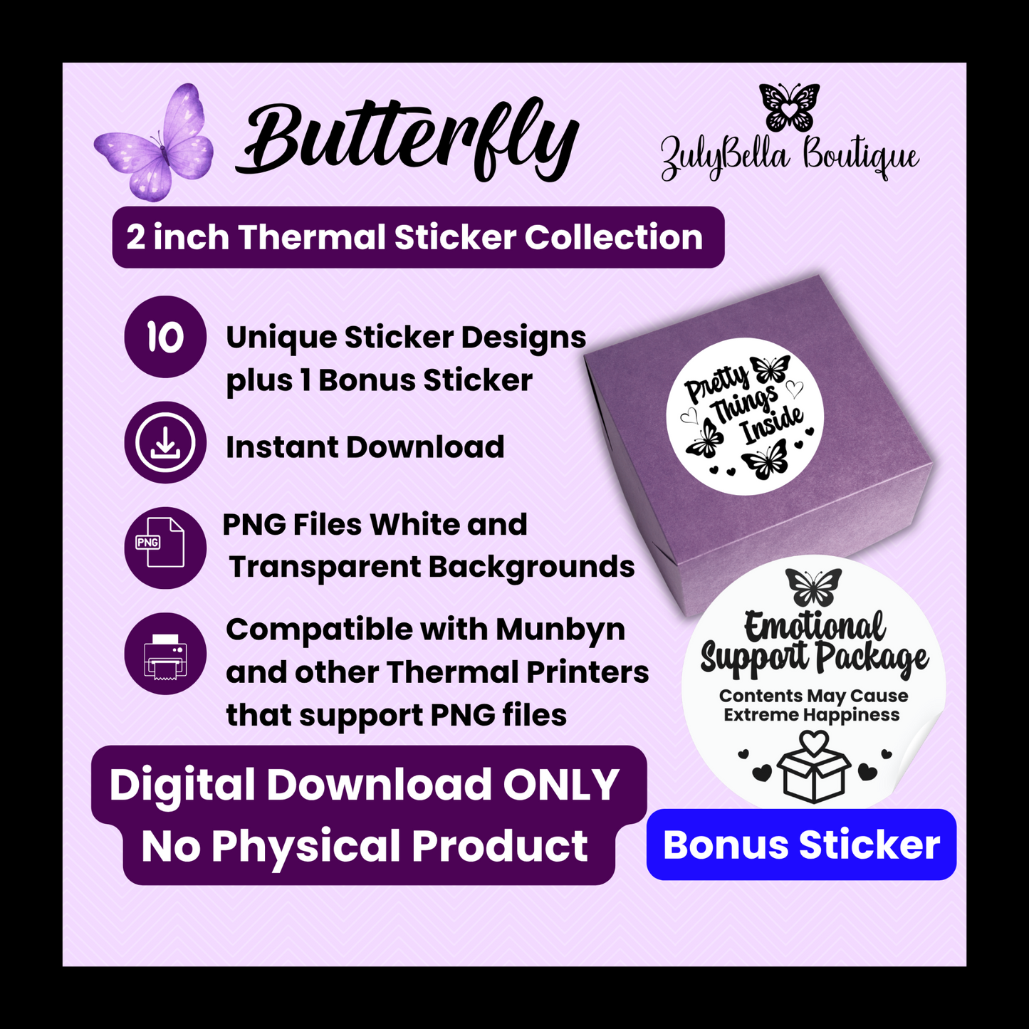 Butterfly Sticker Collection | 10 Thermal Sticker PNGs | 2" Round Labels | Digital Download ONLY