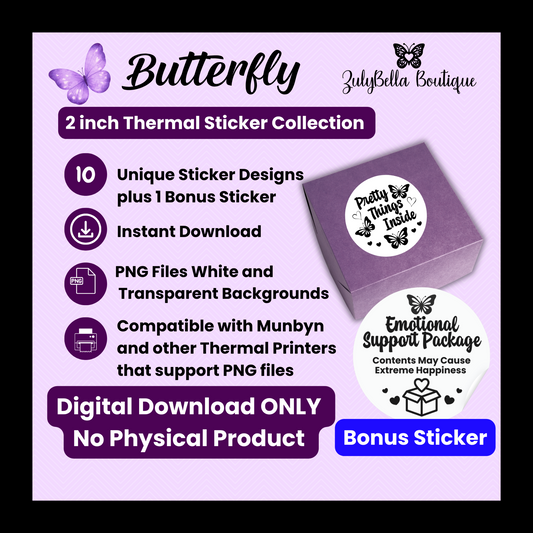 Butterfly Sticker Collection | 10 Thermal Sticker PNGs | 2" Round Labels | Digital Download ONLY