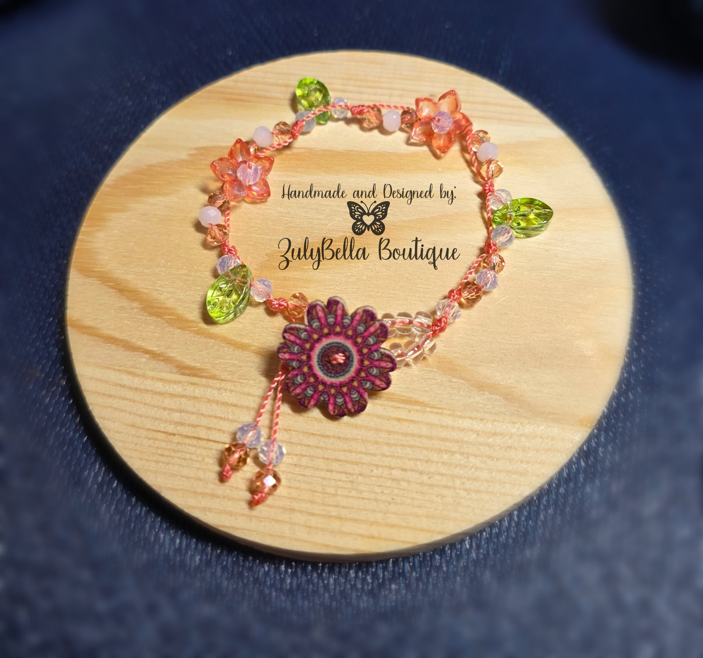 Knotted Cord Bracelet with Decorative Button Closure - Orange/Green - Size 7"