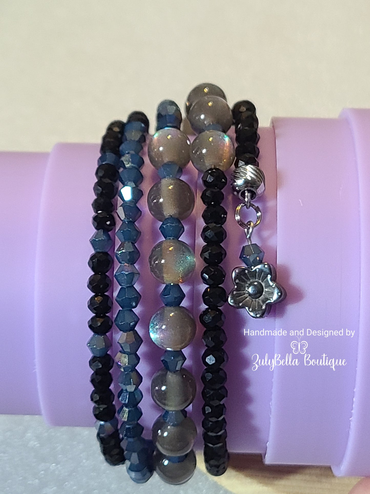 Memory Wire Wrap Bracelet and Earring Set - Denim Blue - XL