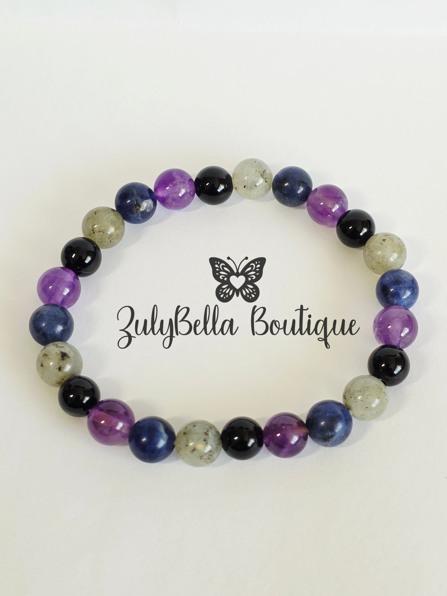 Natural Gemstone Stretchy Bracelet- Amethyst, Sodalite, Labradorite and Obsidian.