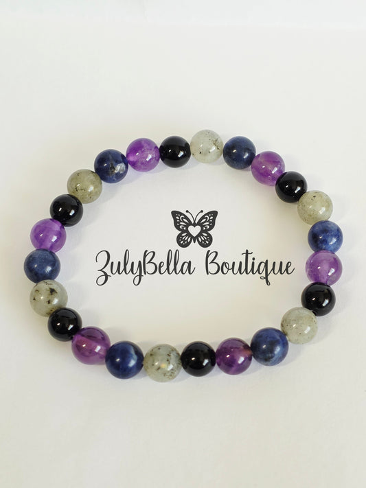 Natural Gemstone Stretchy Bracelet- Amethyst, Sodalite, Labradorite and Obsidian.