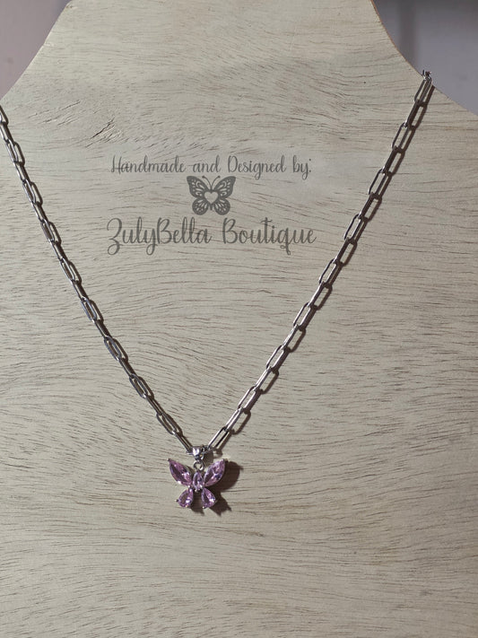 Pink Butterfly Stainless Steel Chain Necklace - 18" + 2" Extender