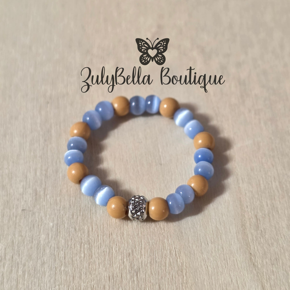 Beaded Ring - Blue Cateye and  Camel Brown - Size #10