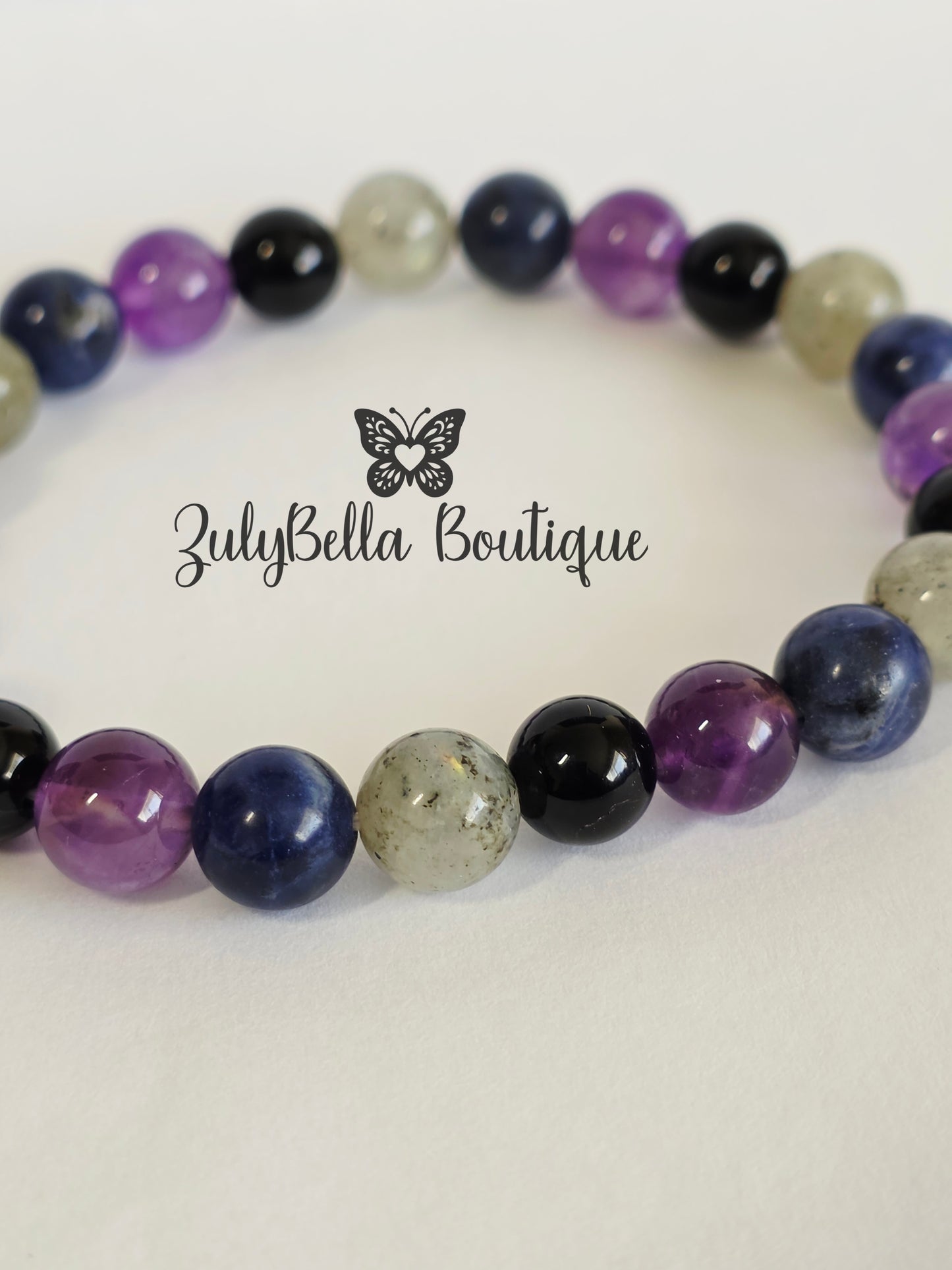 Natural Gemstone Stretchy Bracelet- Amethyst, Sodalite, Labradorite and Obsidian.