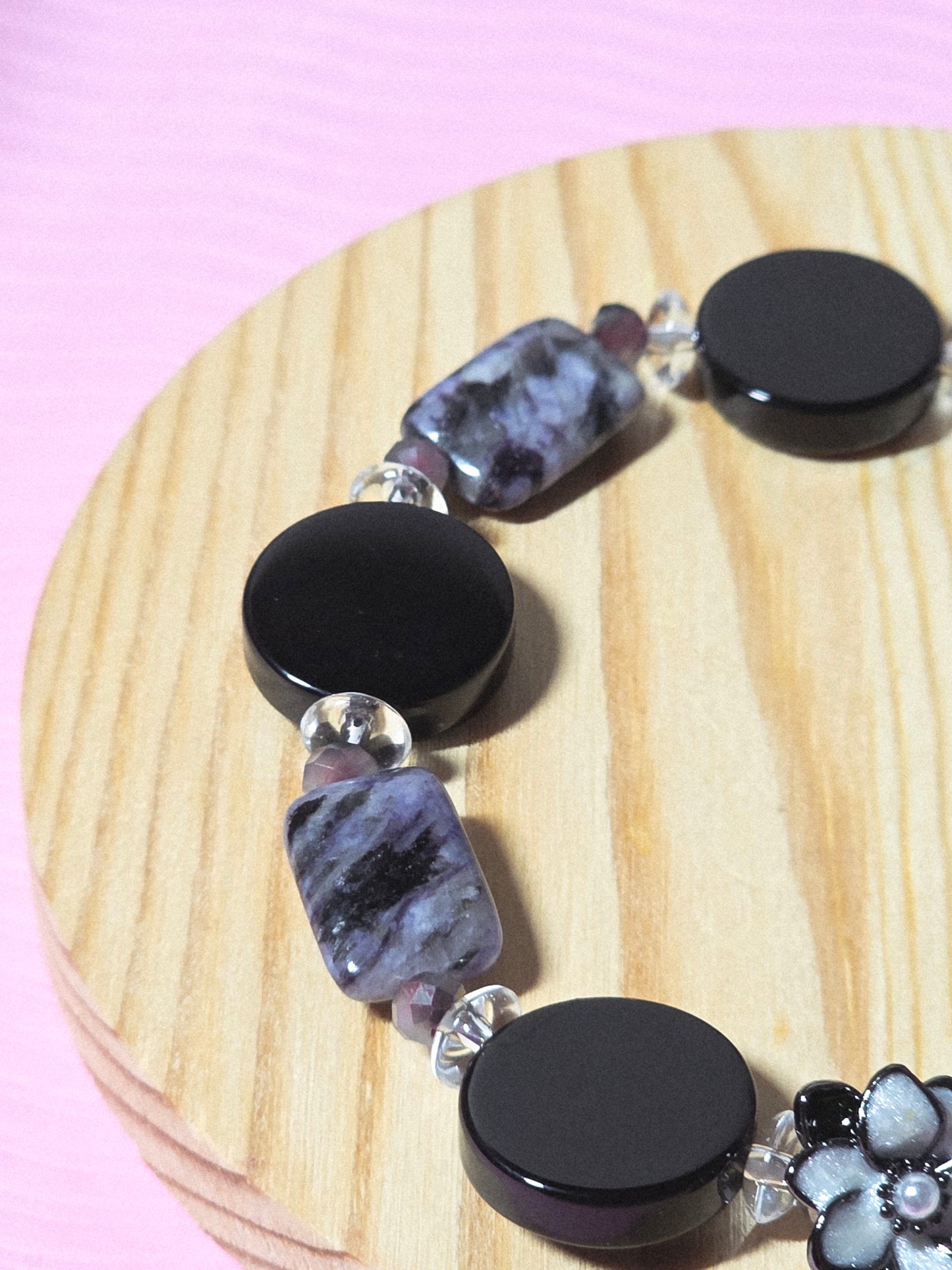 Black Obsidian and Charoite Stretchy Bracelet- Size 7.5"