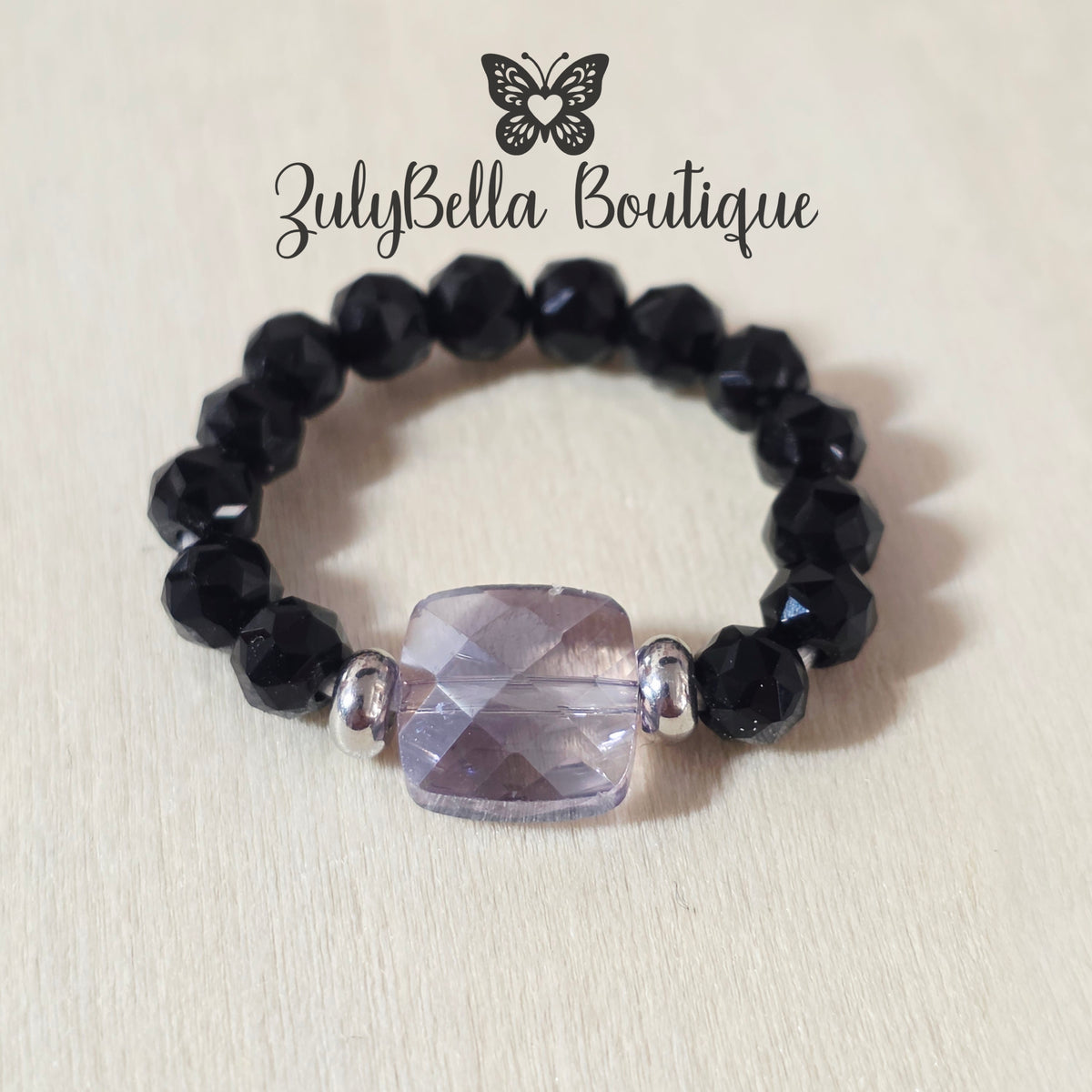 Beaded Ring - Lavender and Black - Size #7.5