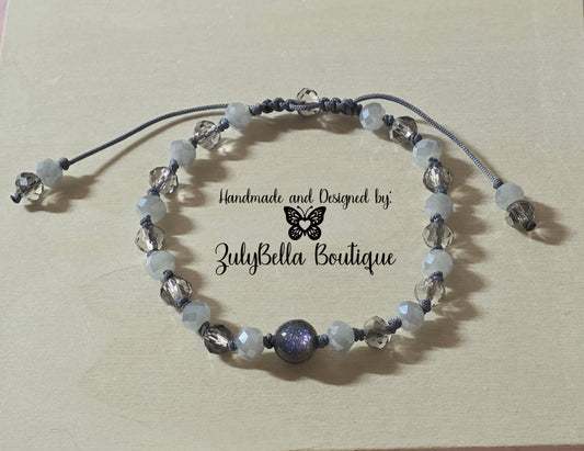 Beaded Cord Knotted Bracelet - Adjustable Slider - Grey