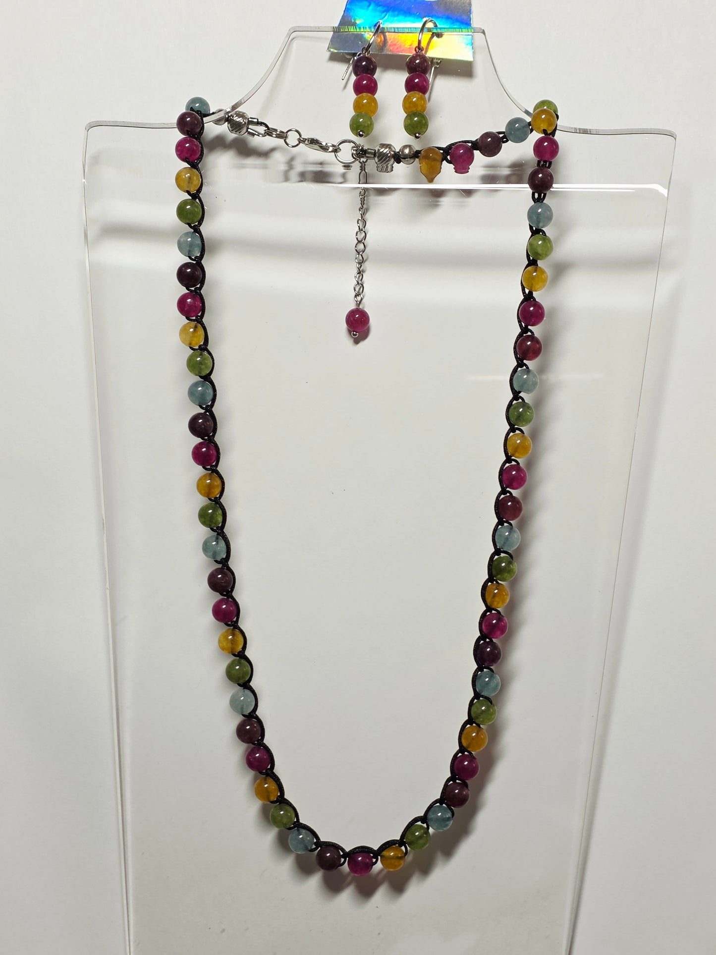 Tourmaline Chalcedony Crochet Beaded Necklace and Earring Jewelry Set