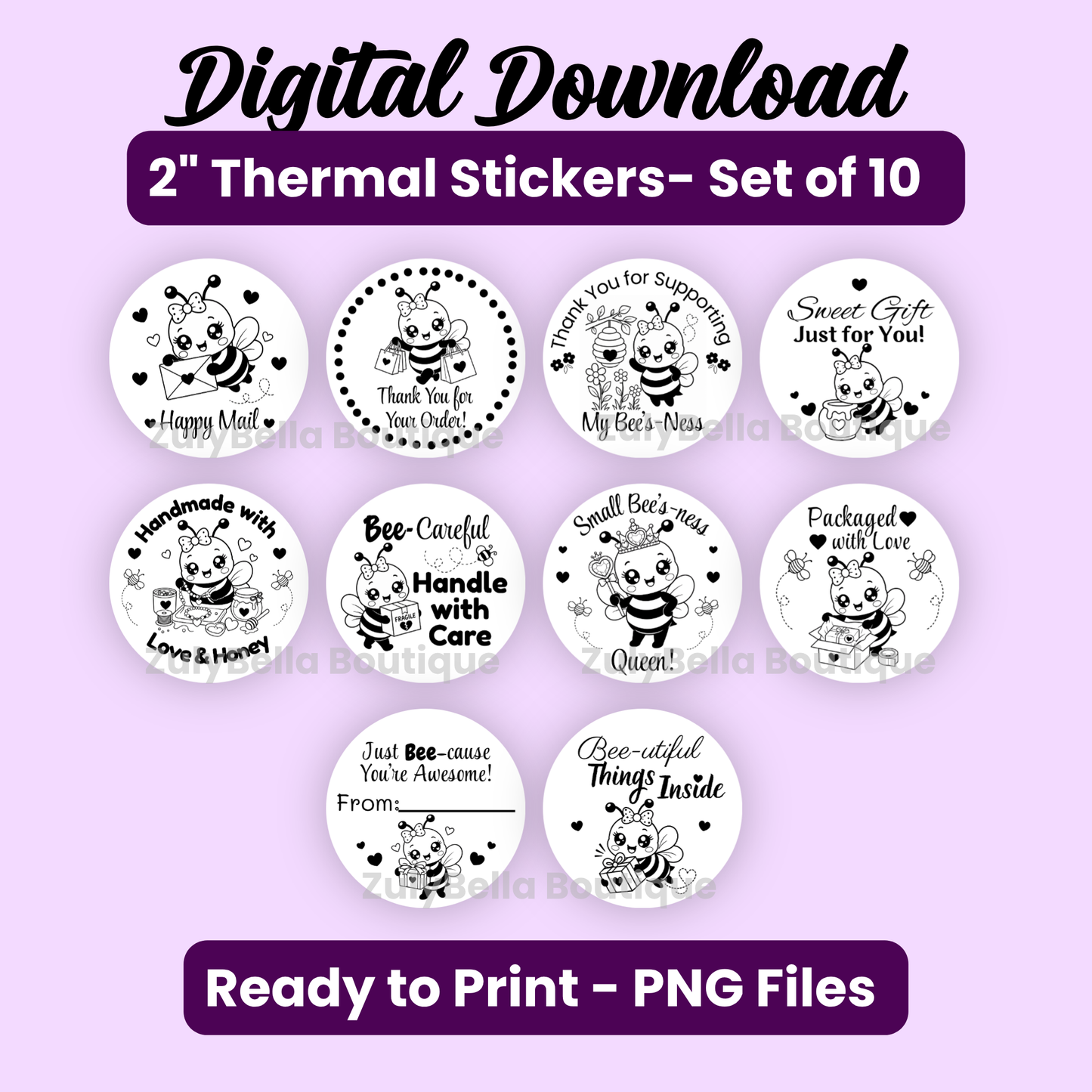 Bee Business Packing Sticker Collection | 10 Thermal Sticker PNGs | 2" Round Labels | Digital Download ONLY