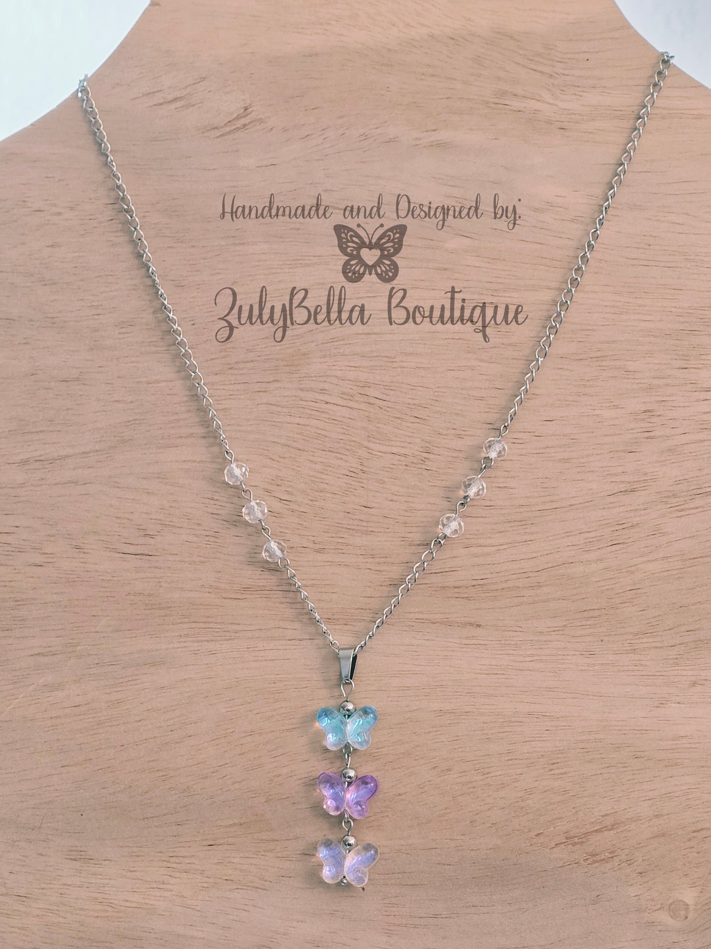 Stainless Steel Lariat Chain Necklace - Butterflies - Multi-color 19"
