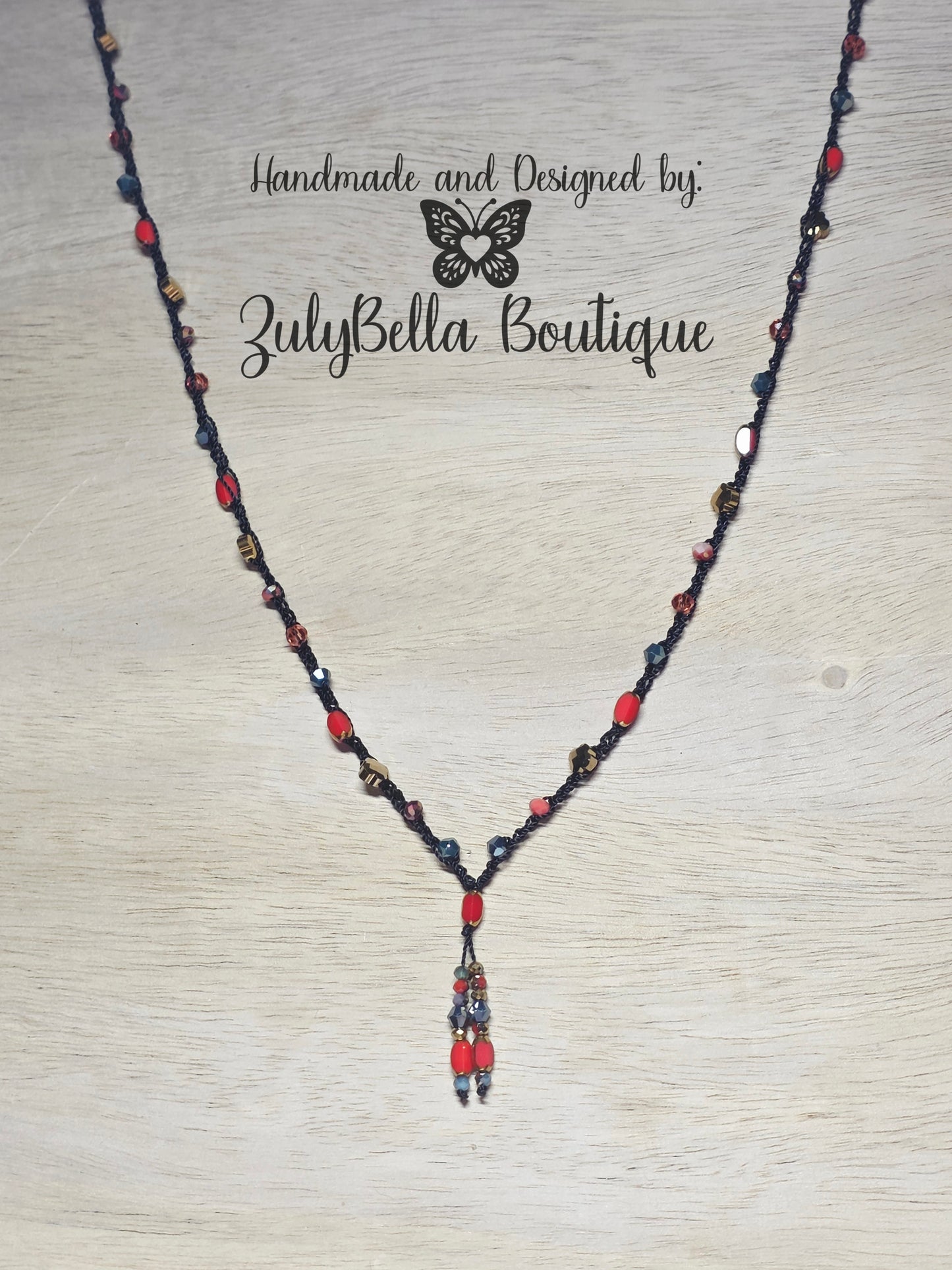 Crochet Beaded Necklace - 28"- Y Style no clasp - Red Orange