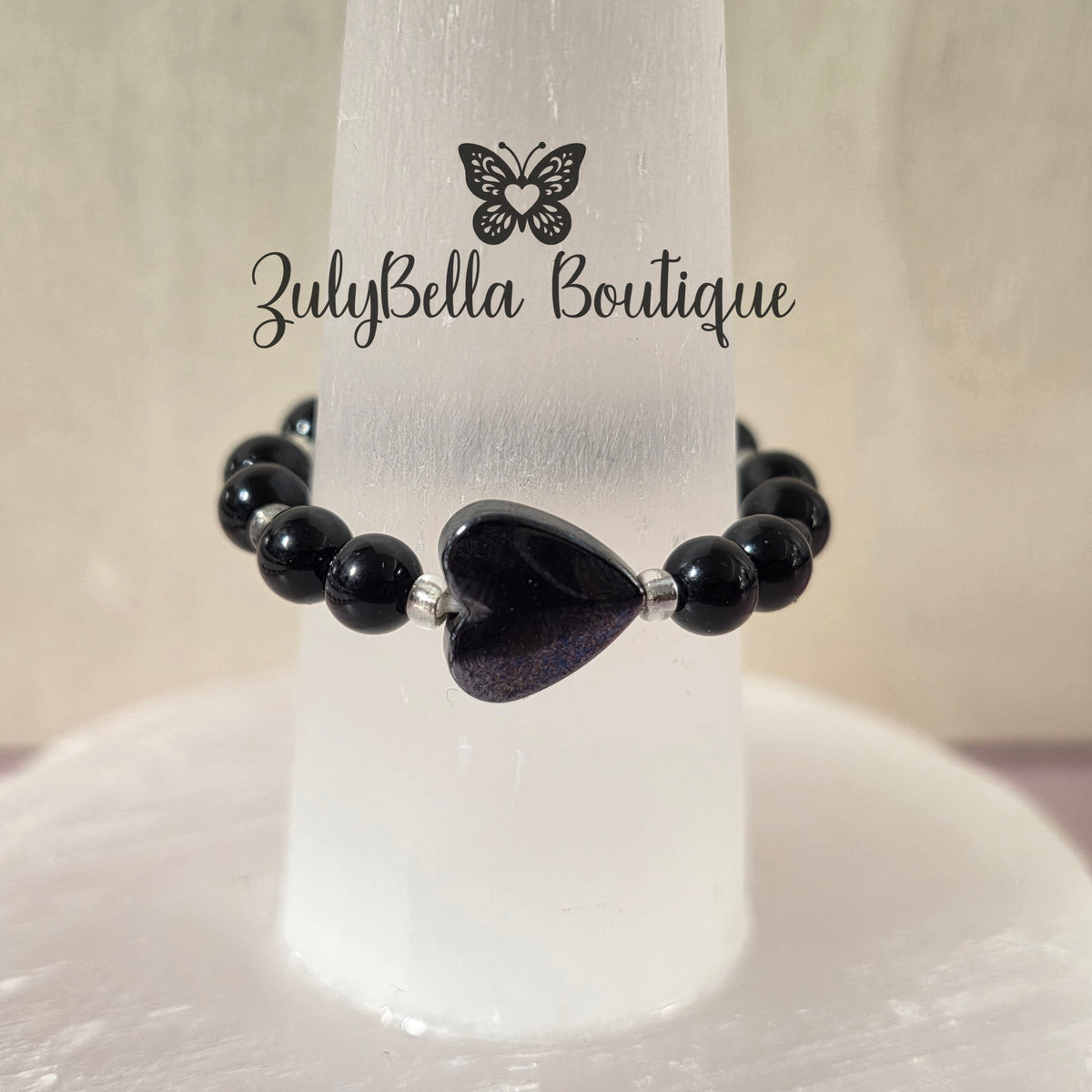 Beaded Ring with Heart Focal - Black - Size #10.5