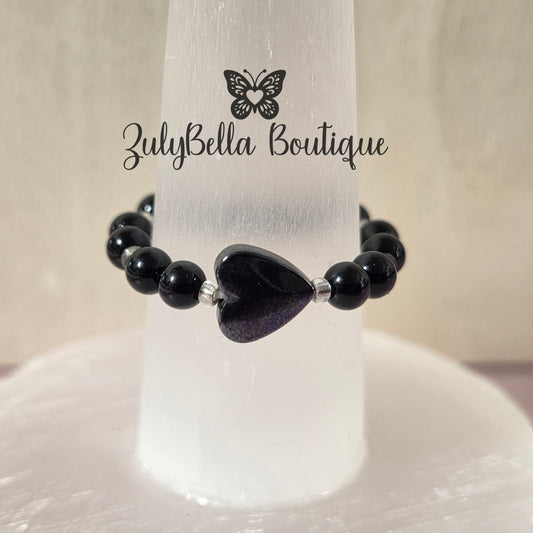 Beaded Ring with Heart Focal - Black - Size #10.5