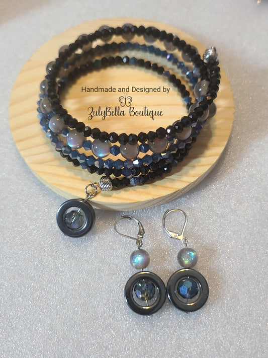 Memory Wire Wrap Bracelet and Earring Set - Denim Blue - XL