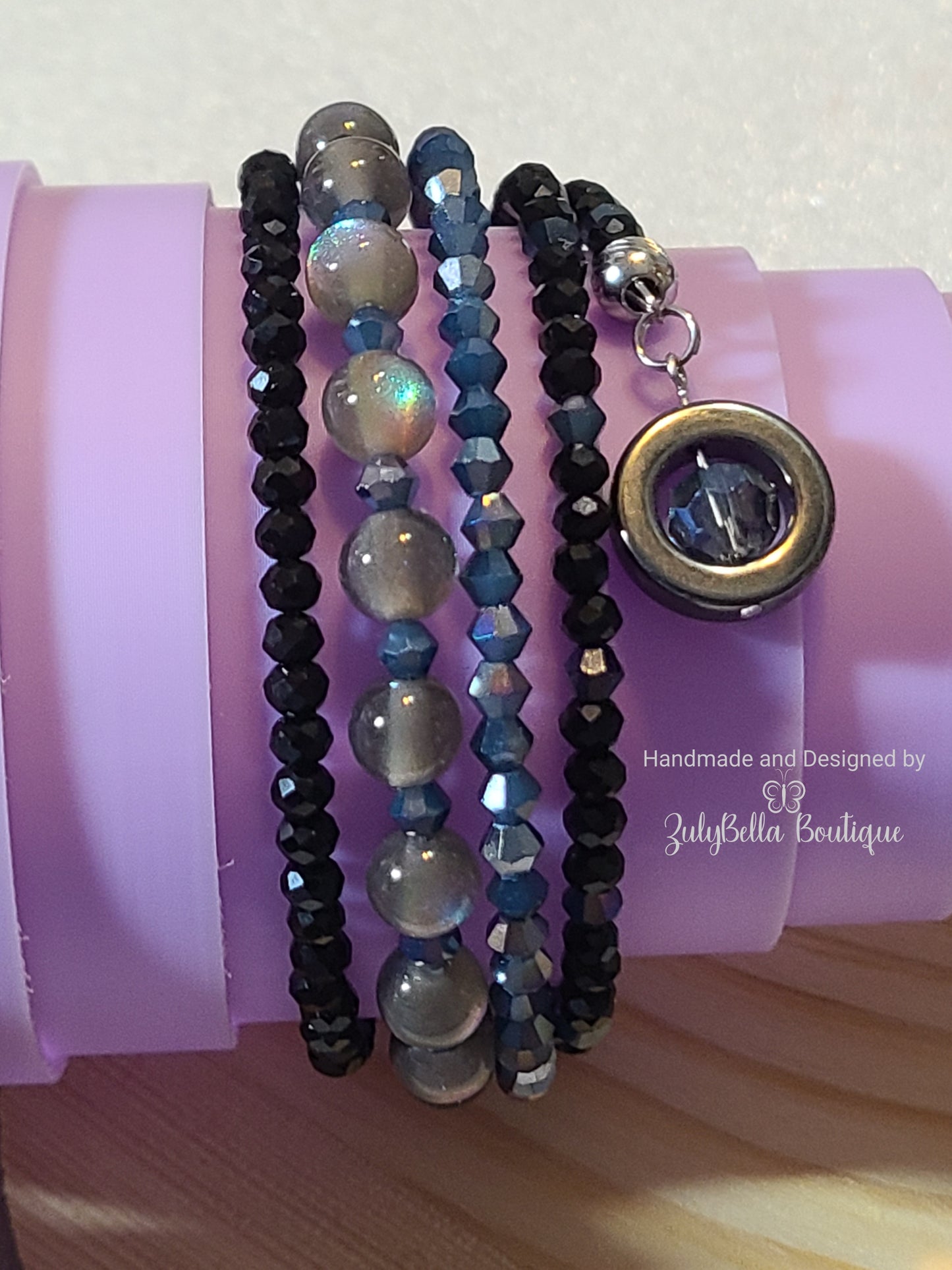 Memory Wire Wrap Bracelet and Earring Set - Denim Blue - XL