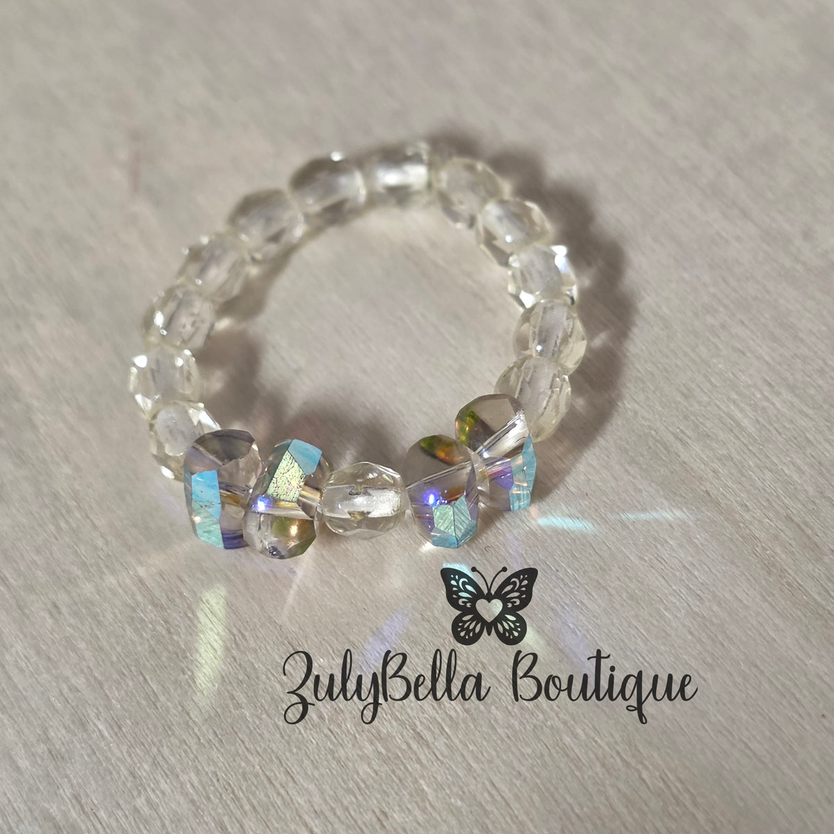 Beaded Ring - Ab Clear and Light Champagne - Size #8