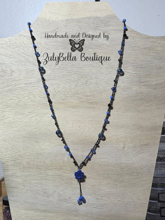 Crochet Beaded Necklace - Blue Rose - 26"