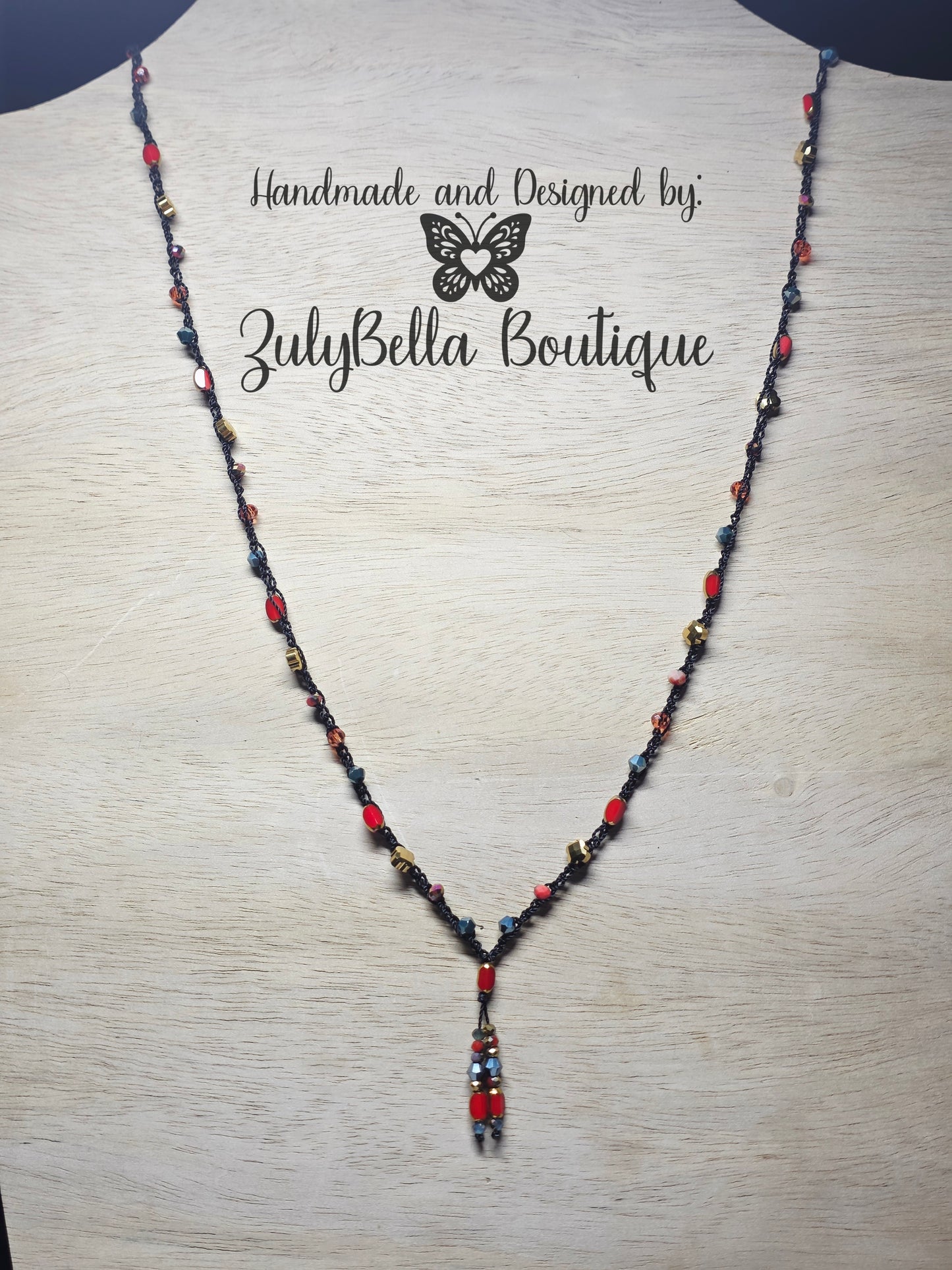 Crochet Beaded Necklace - 28"- Y Style no clasp - Red Orange