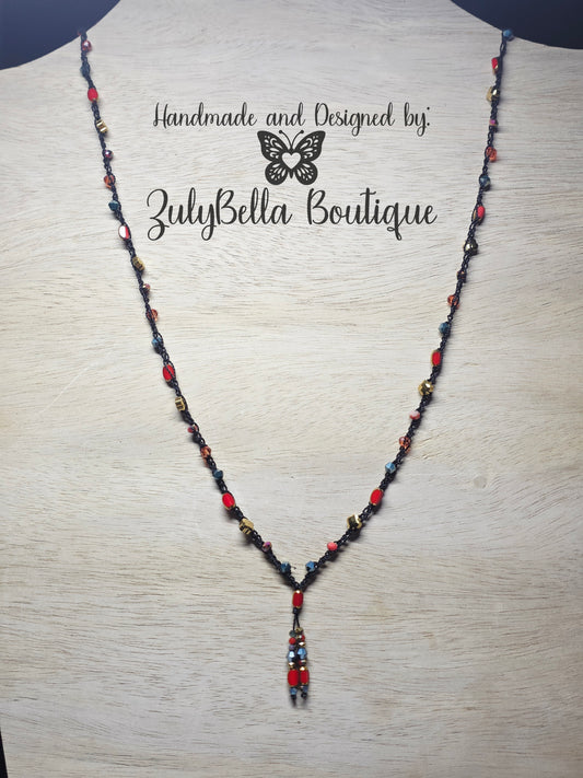 Dainty Beaded Crochet Necklace - 28"- Y Style no clasp - Red Orange