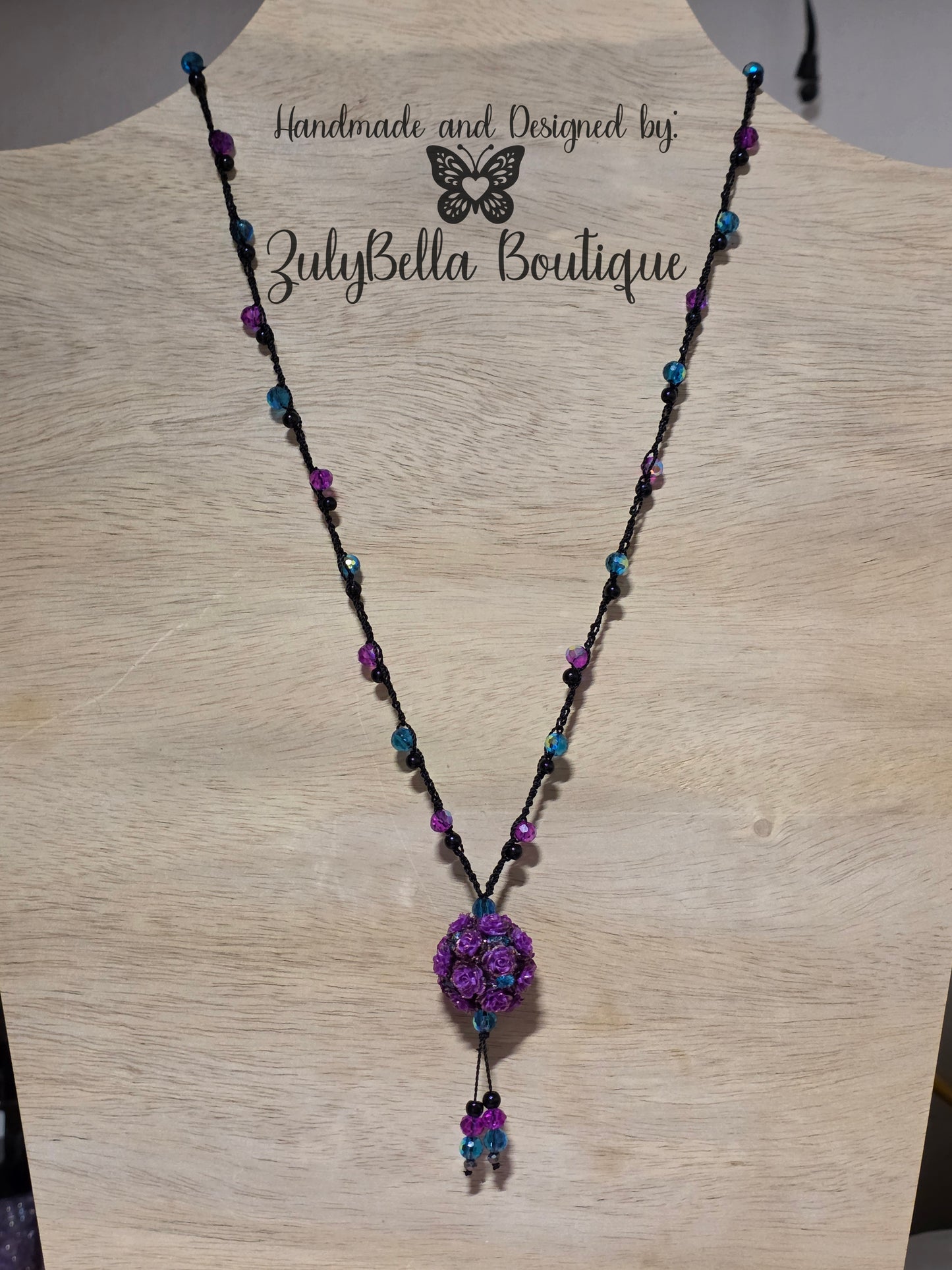 Crochet Beaded Necklace- Purple Royal Garden - 24"