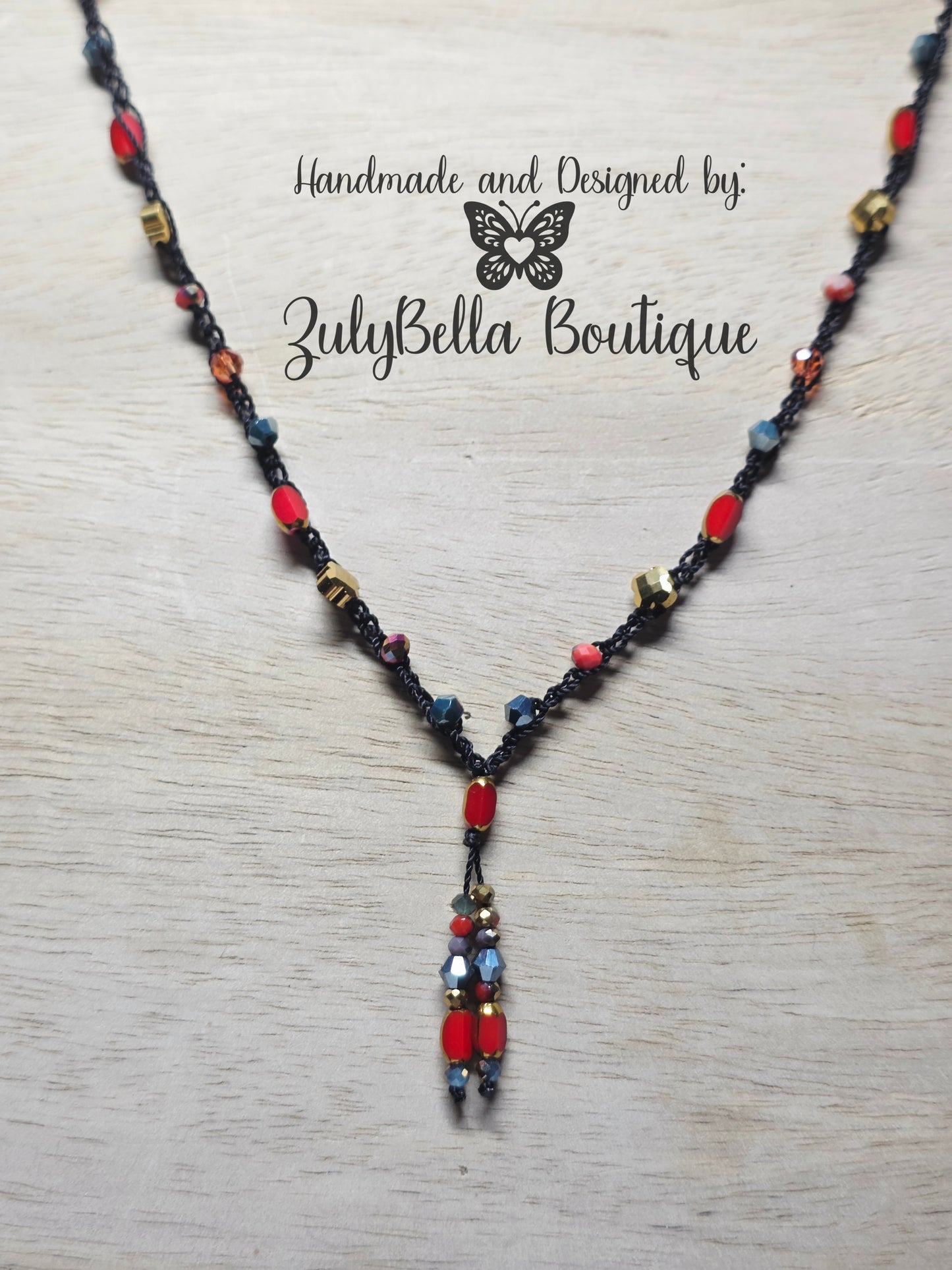 Crochet Beaded Necklace - 28"- Y Style no clasp - Red Orange